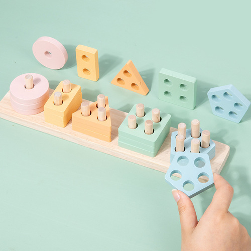 Cross-border wooden children's early education Montessori geometric shapes five sets of column shapes matching hand-eye coordination educational toys