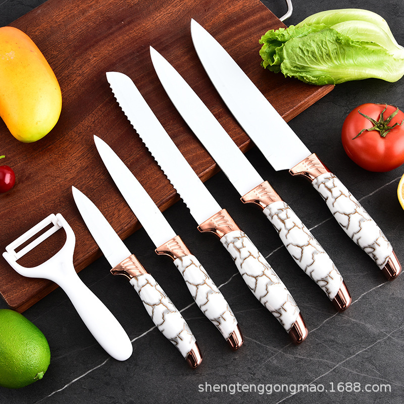 Acero inoxidable transfronterizo doble cabeza galvanizada de mármol mango redondo asiento con melón planado conjunto de utensilios de cocina