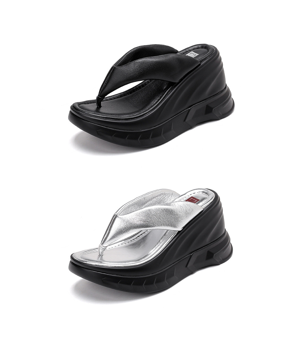 Dép xỏ ngón nữ đế xuồng cao gót 9 cm phong cách platform — màu đen, bạc chi tiết 23