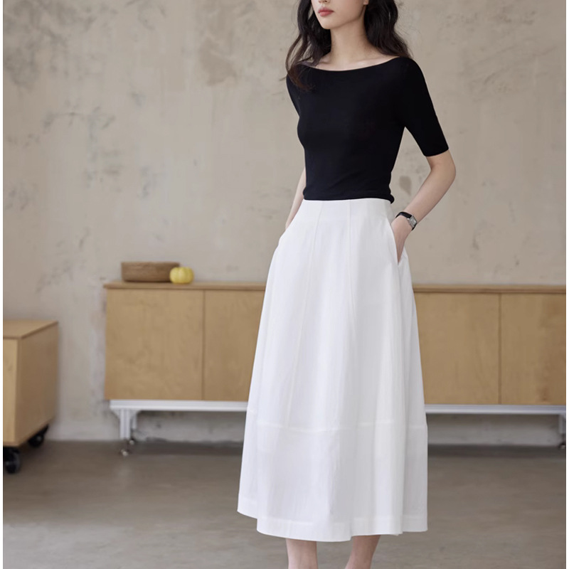 Áo dệt kim Tencel tay lỡ cổ chữ I kiểu Pháp nữ mùa hè — Màu đen chi tiết 5
