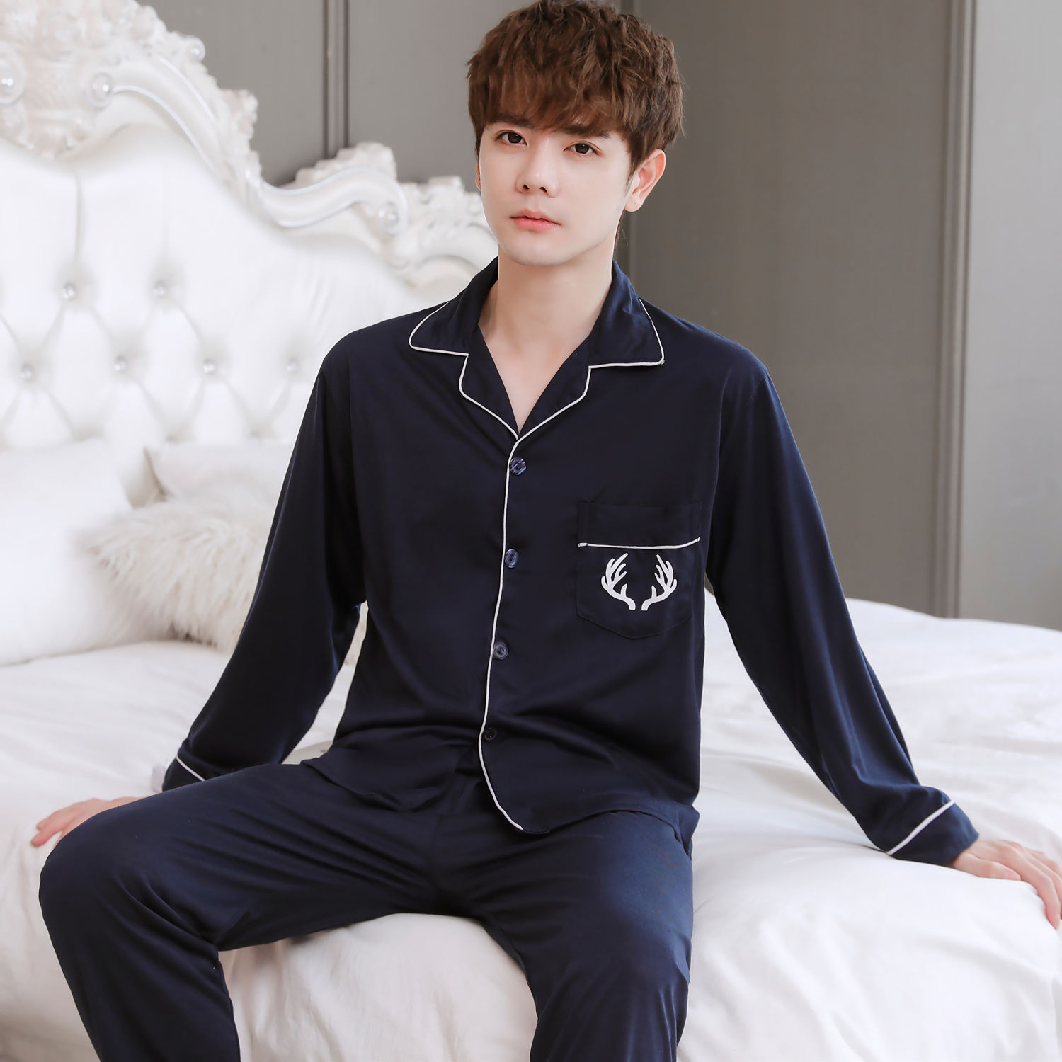 Pijamas de hombre primavera y otoño 100% algodón pantalones de manga larga cardigan verde de mediana edad ropa de hogar traje de invierno para los ancianos