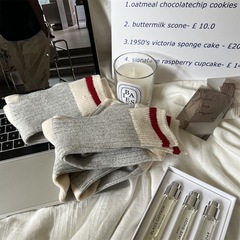 秋冬日系併線復古粗針日雜風白紅條毛線襪編織感女撞色情侶堆堆襪