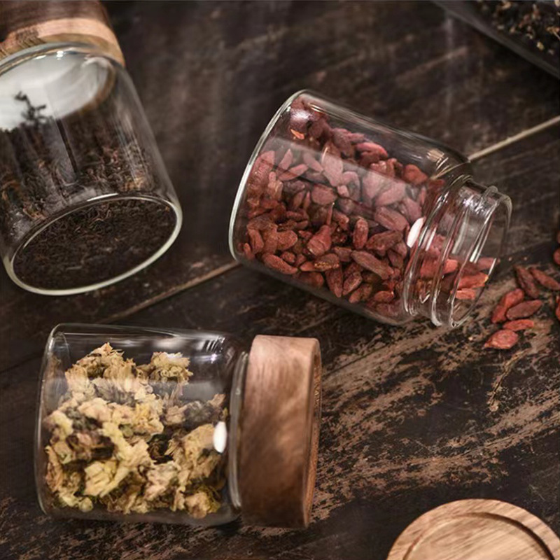 Tanque de almacenamiento de vidrio de borosilicato boca de hilo de madera de acacia tanque sellado de almacenamiento de granos de café té creativo al por mayor