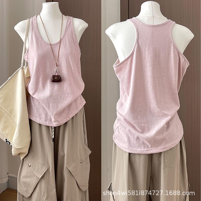 Pink Cotton and Linen Camisole for Women, Summer Thin Style, 2026 New Model, Loose Fit, Versatile, Racerback, Outerwear, Base Layer Top