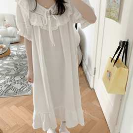 2026新款纯色纯棉纱布花边公主风家居服睡裙法式宫廷风睡衣女