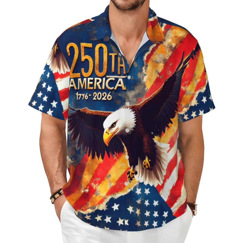Cross-Border Hawaiian American Shirt with Vintage Elements, Eagle Flag Print, Casual Men's Short-Sleeve Shirt T-Shirt