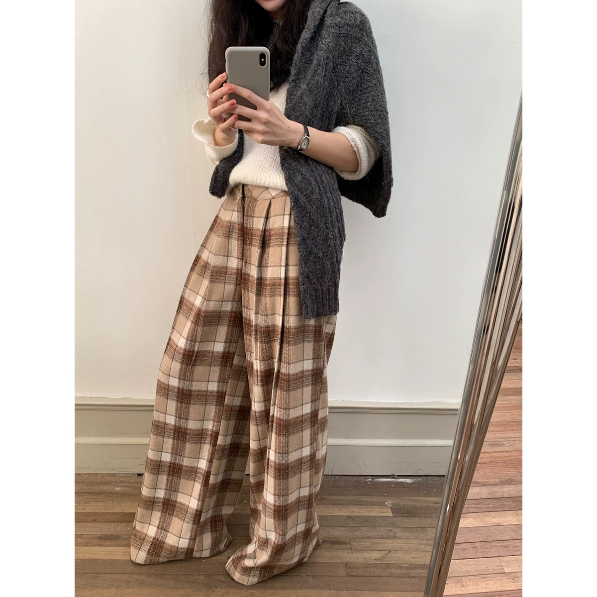 Yi En Ou inbyin расслабляющий волосы в клетку брюки для детей с высокой талией повседневные брюки с ленивыми свободными широкими брюками