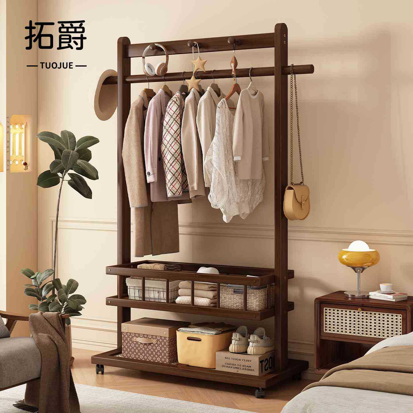 Bedroom clothes hanger floor-standing movable lazy clothes rack room…