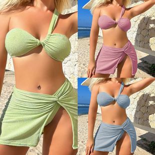 2025 European and American New Pure Color One-Shoulder Tube Top Glossy Cloth Three-Piece Swimsuit Swimsuit Bikini Bikini Export