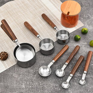 Coffee bean measuring spoon 4/8 piece set walnut stainless steel measuring spoon measuring cup scale measuring spoon spot