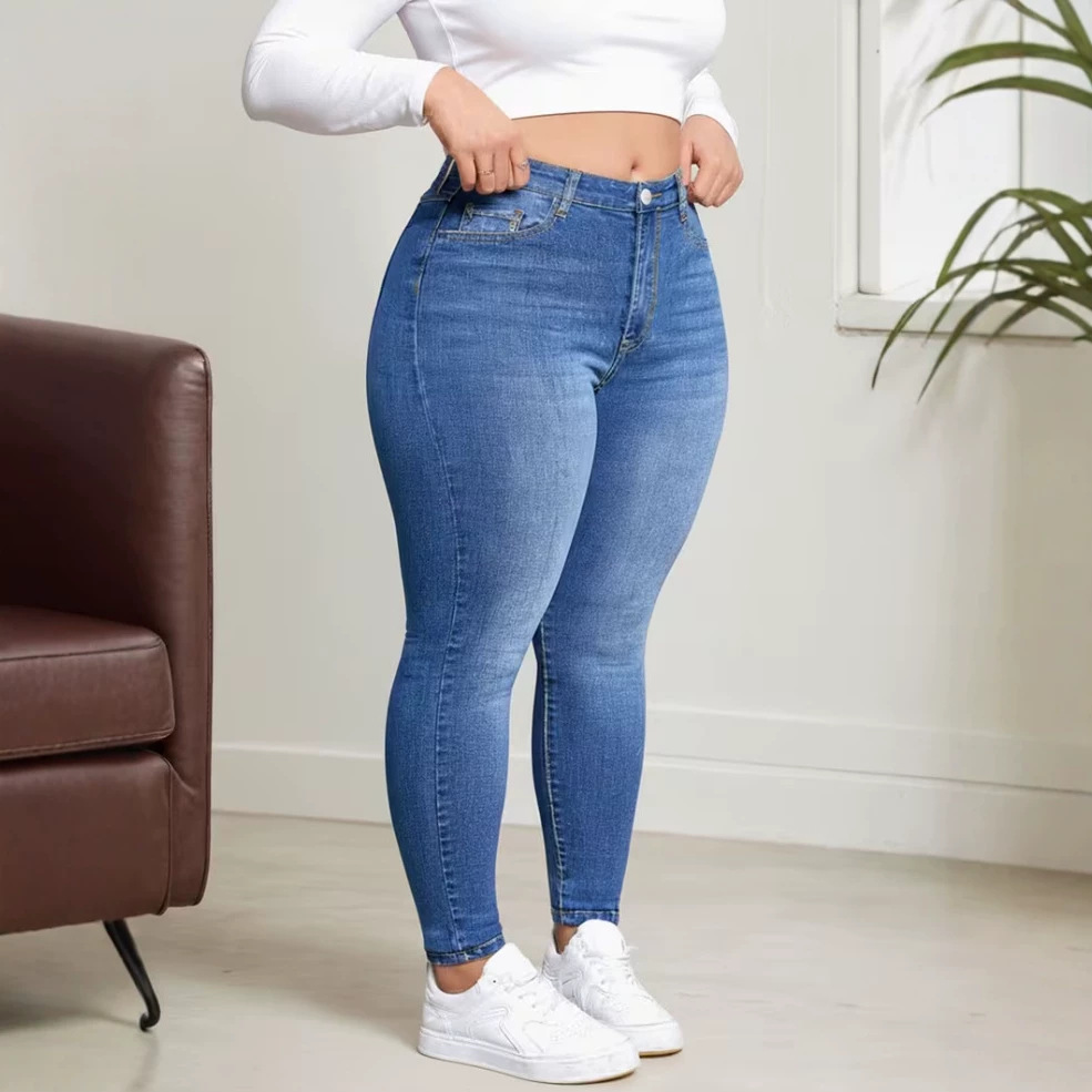 欧美大码高腰弹力紧身牛仔裤女 修身显瘦小脚裤曲线牛仔长裤货源