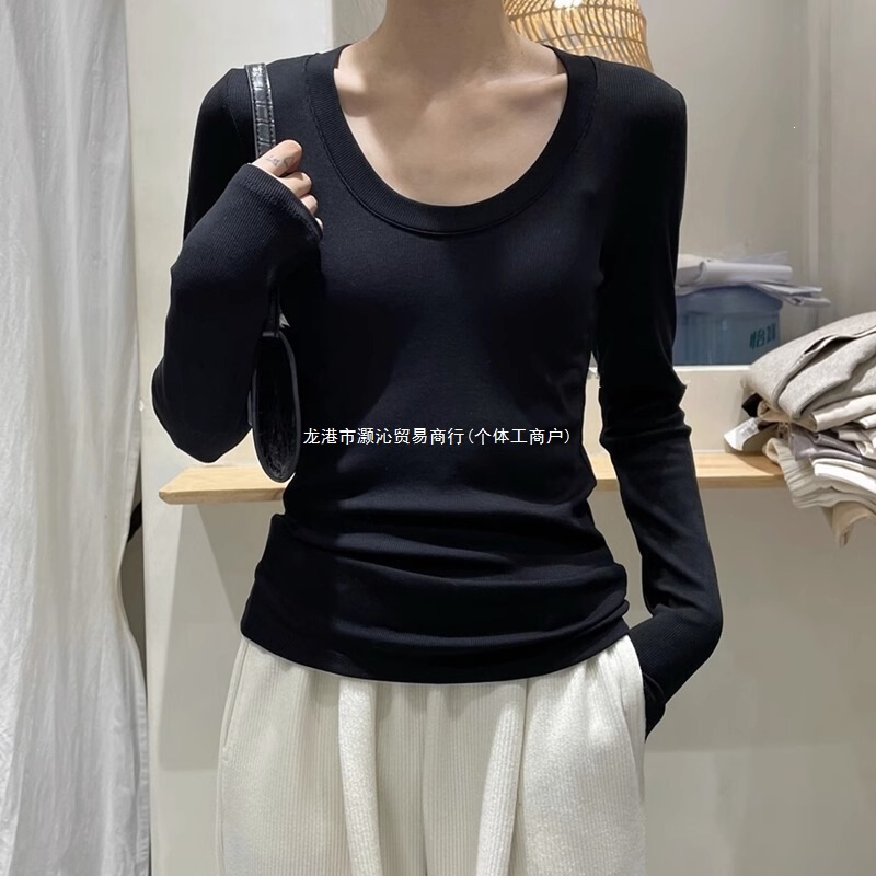 Black women's long-sleeve base shirt, 2026 early autumn new style, large round neck, casual ribbed top for layering Black women's long-sleeve base shirt, 2026 early autumn new style, large round neck, casual ribbed top for layering