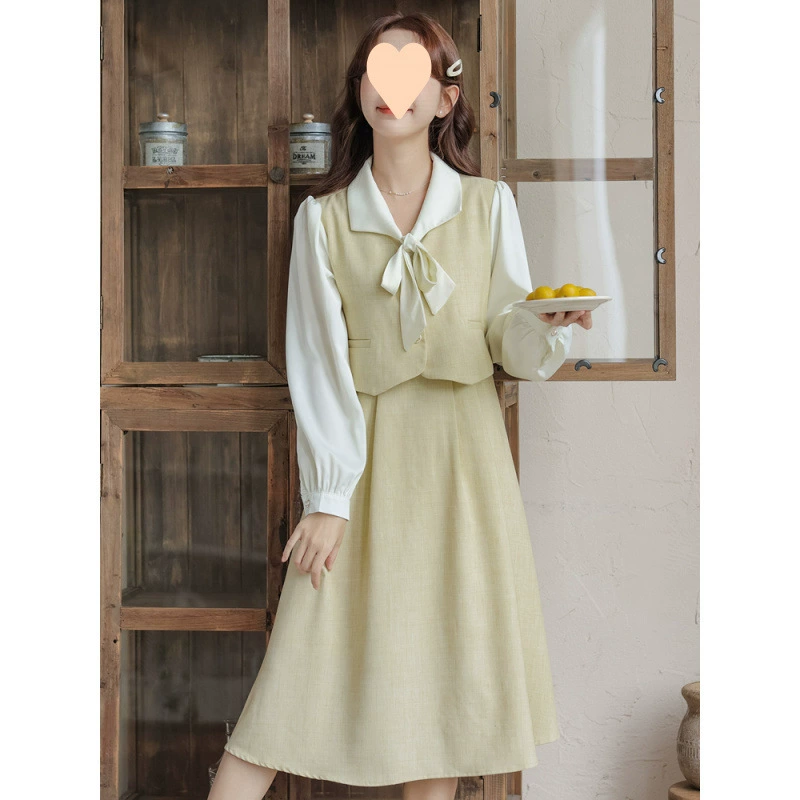 Мягкое милое платье из двух частей с бантом для девочек, новая нежная юбка средней длины в студенческом стиле на осень и зиму