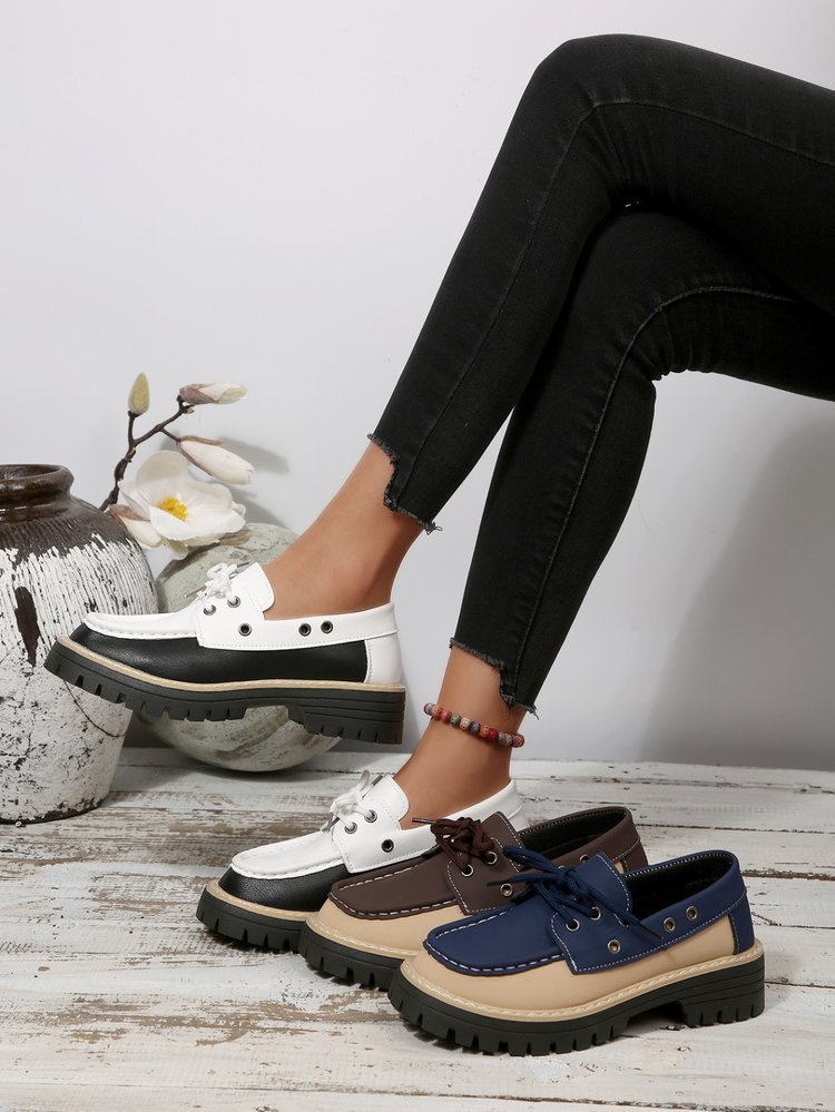 Damesloafers in grote maten met vetersluiting, kleurblokken, casual, lente, nieuwe stijl, enkelschoenen_voghion.com
