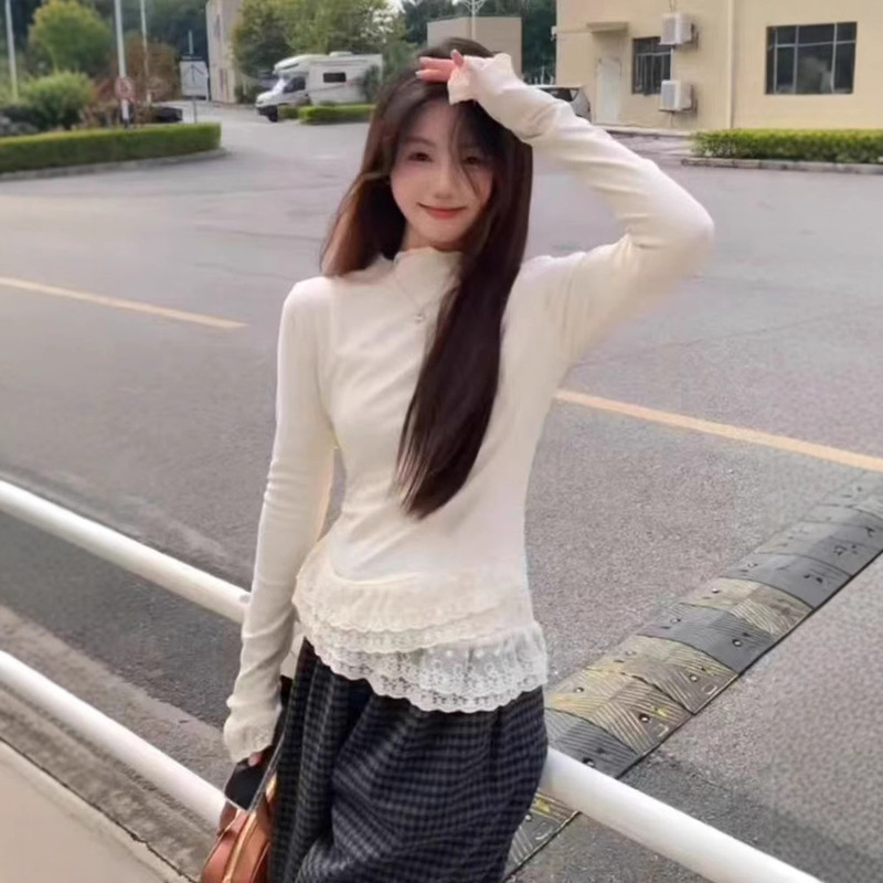 Cream White Double Lace Stitching Semi-high Collar Long-sleeved T-shirt Women's Autumn and Winter Slim-fit Drawstring Inner Velvet Top