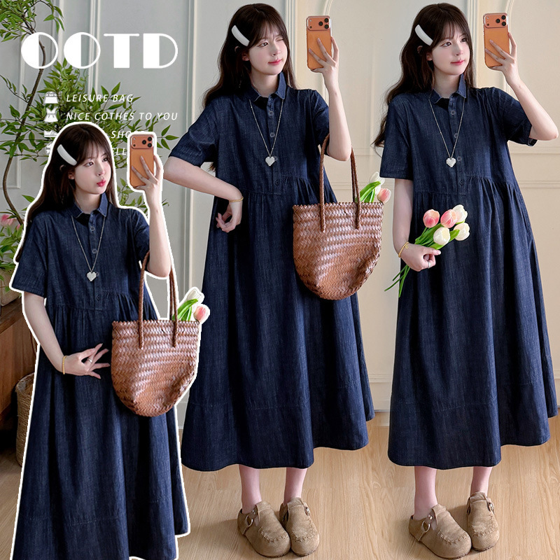 Real Shot of Maternity Dress 2026 New Style Maternity Wear Summer Retro Color Commuter Professional Short-Sleeve Tencel Denim Dress