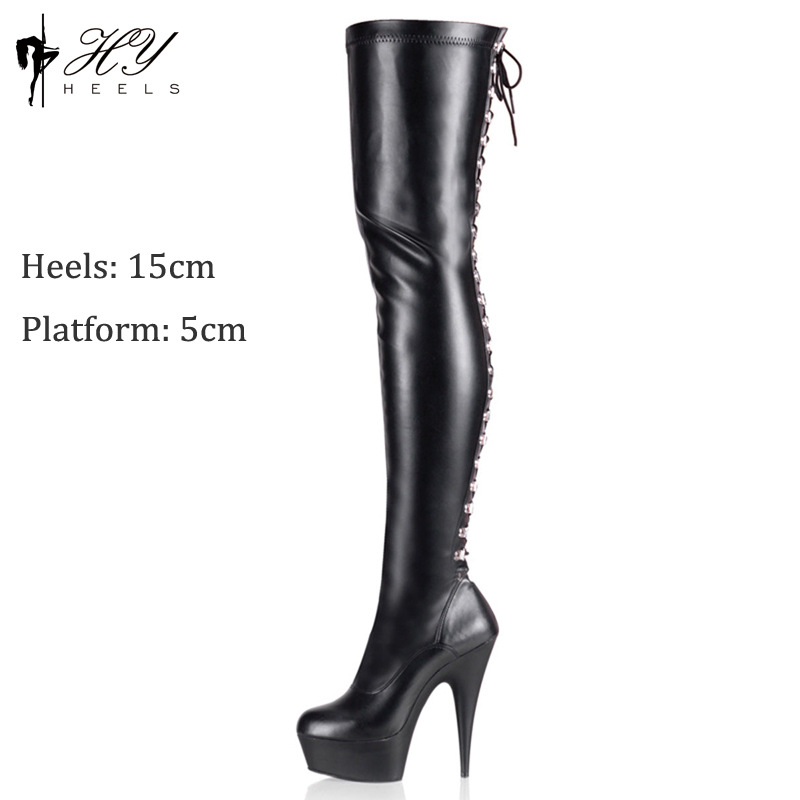 Boot nữ cao gót 15cm cổ cao quá đầu gối đế dày — Màu đen