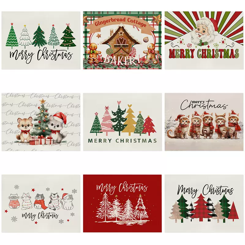 2025新款圣诞节棉麻餐垫跨境家居节日装饰厨房餐桌防水隔热垫批发