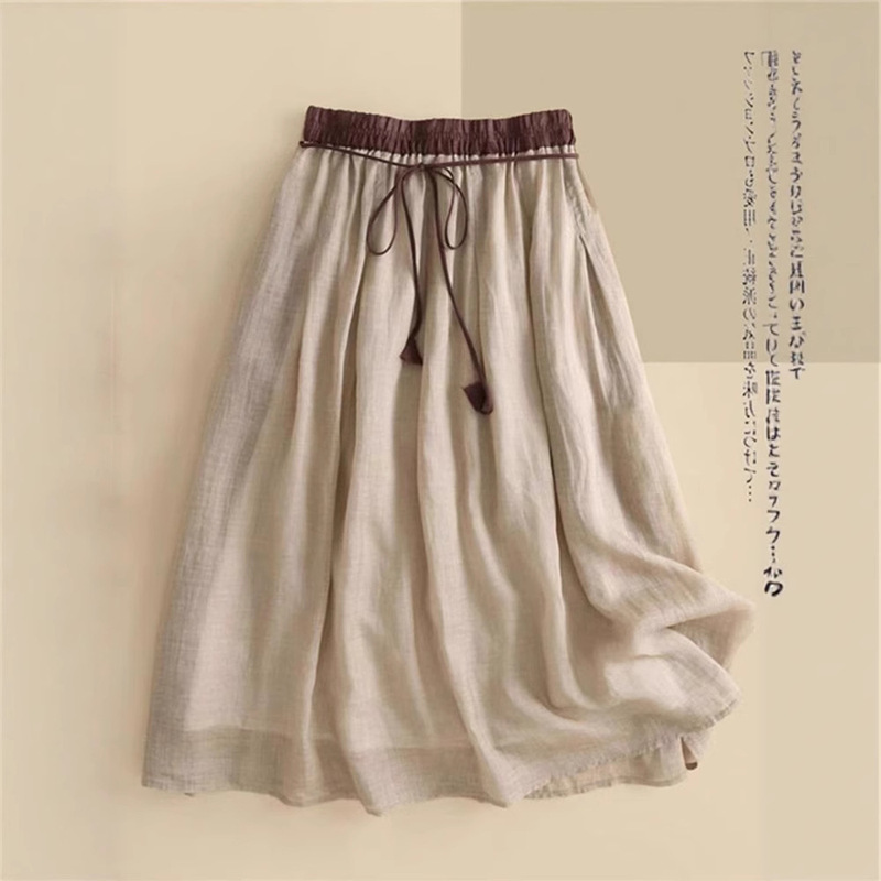Discount Store Mall Clearance Women's Double-Layer Gauze Ramie A-Line Skirt High-Waisted Slimming Large Hem Cotton Linen Half Skirt