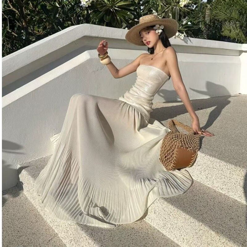 Beach Vacation Long Dress, Summer High-End Style, Sexy Floor-Length Mesh Tube Top, Heavy Sequined Stunning Dress for Women Beach Vacation Long Dress, Summer High-End Style, Sexy Floor-Length Mesh Tube Top, Heavy Sequined Stunning Dress for Women