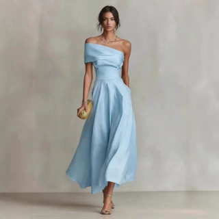 亚马逊2026欧美跨境外贸新款纯色收腰斜肩领露背优雅女士连衣裙