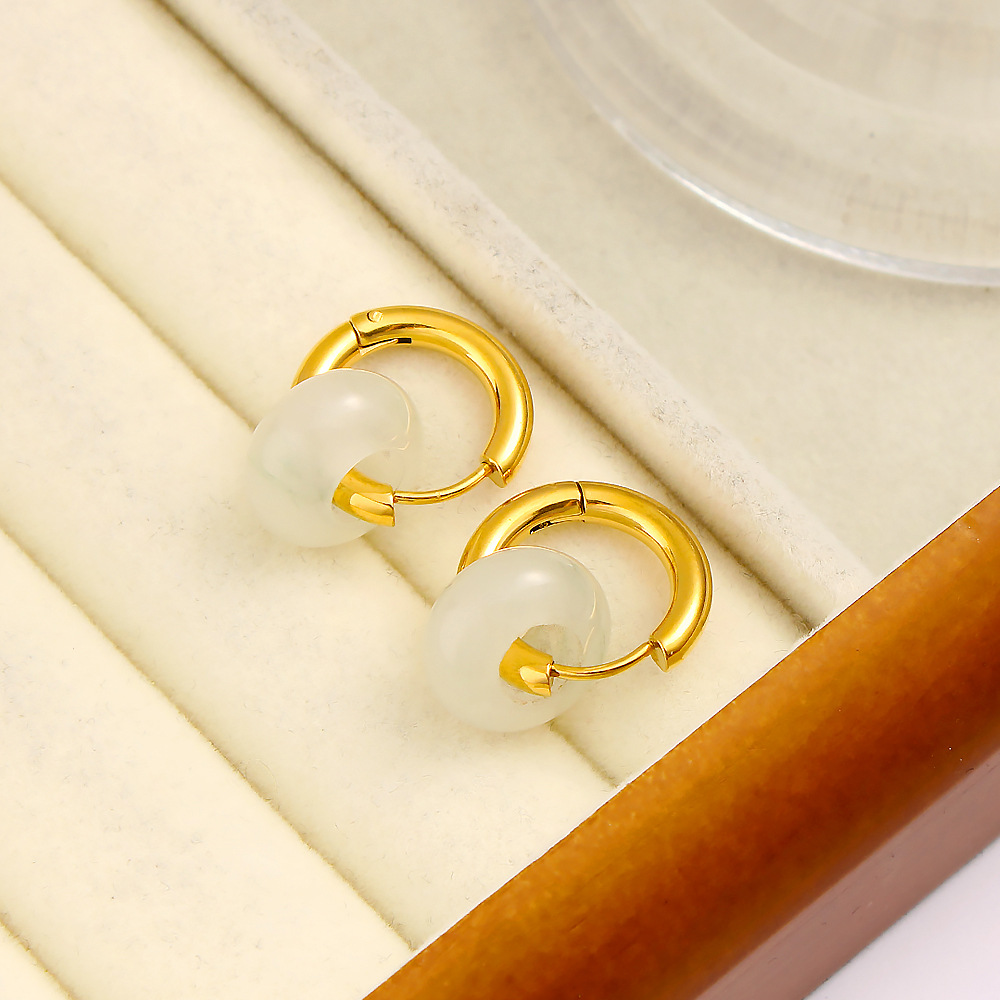 Nuevo estilo chino estilo chino piedra natural círculo perfiles de orejas de acero inoxidable nicho ligero lujo pendientes retro temperamento perfiles de orejas