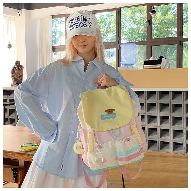 Dopamin-Farbblöcke Schulrucksack für Mittel- und Oberschüler, großvolumig, Klappdeckel, Doppelschulterträger, niedlicher Mädchen-Reiserucksack