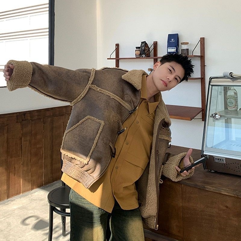 2025新款美式潮牌冬季皮毛一体羊羔毛外套男宽松休闲加厚皮衣棉服