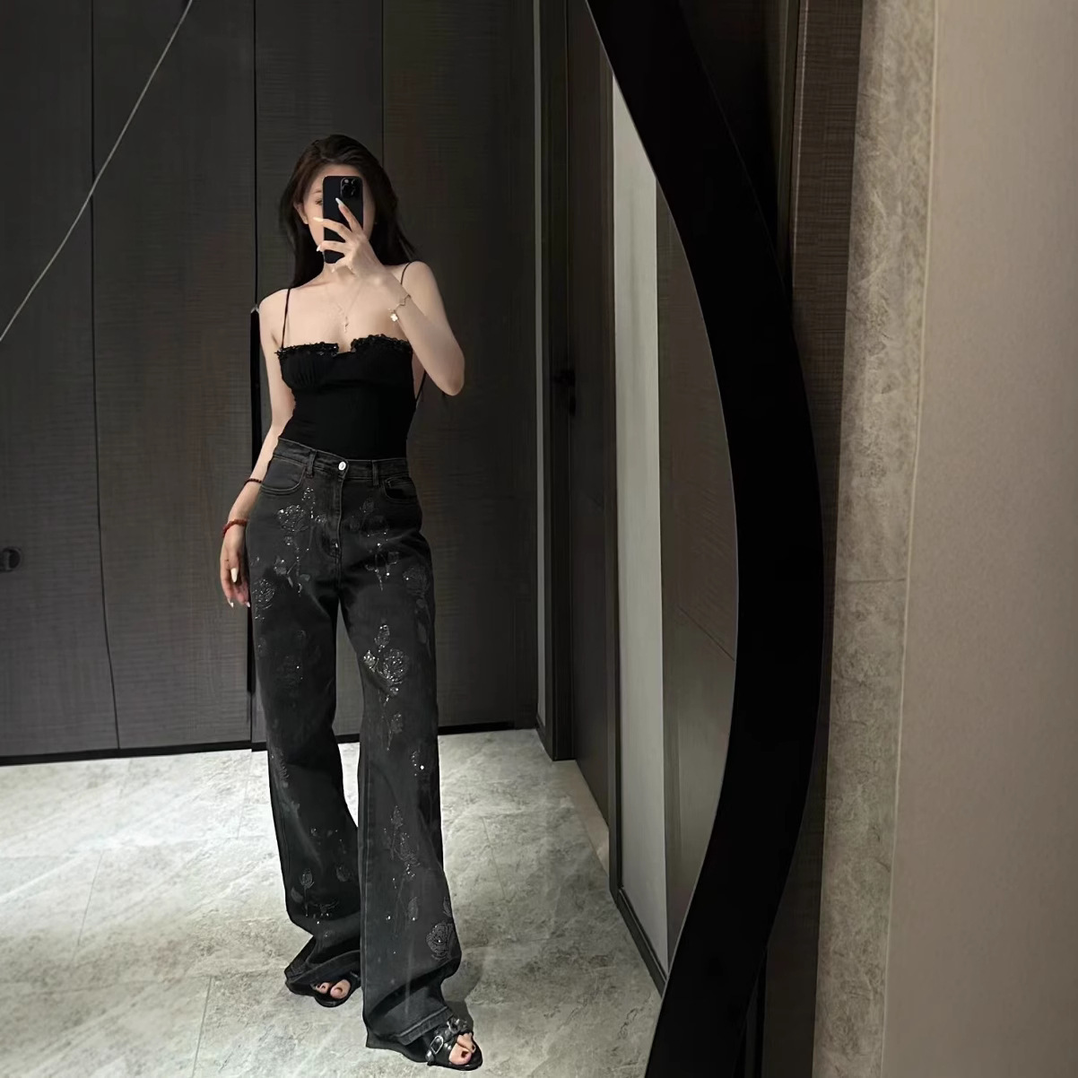 페어 주세페 플래시 다이아몬드 로즈 루즈 스트레이트 하이 웨이스트 드레스 세탁 청바지 바지 디자인 감각