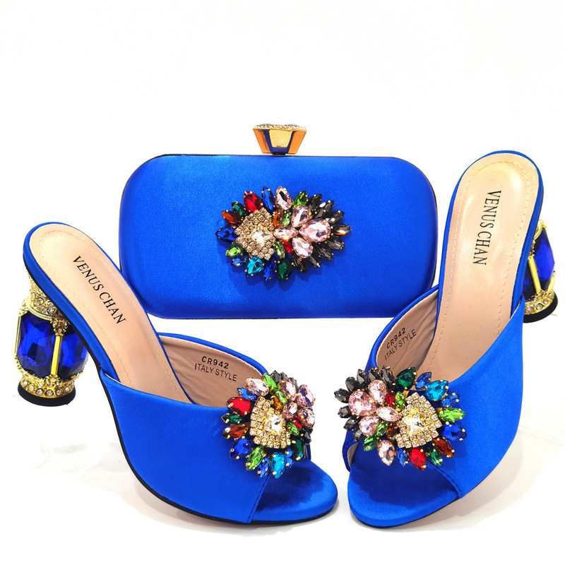 Royal Blue Satin Fashion Show Fish Mouth Sandals Women's Shoes Bag Set Combination Colorful Diamond Buckle Exquisite Cylindrical Shoes