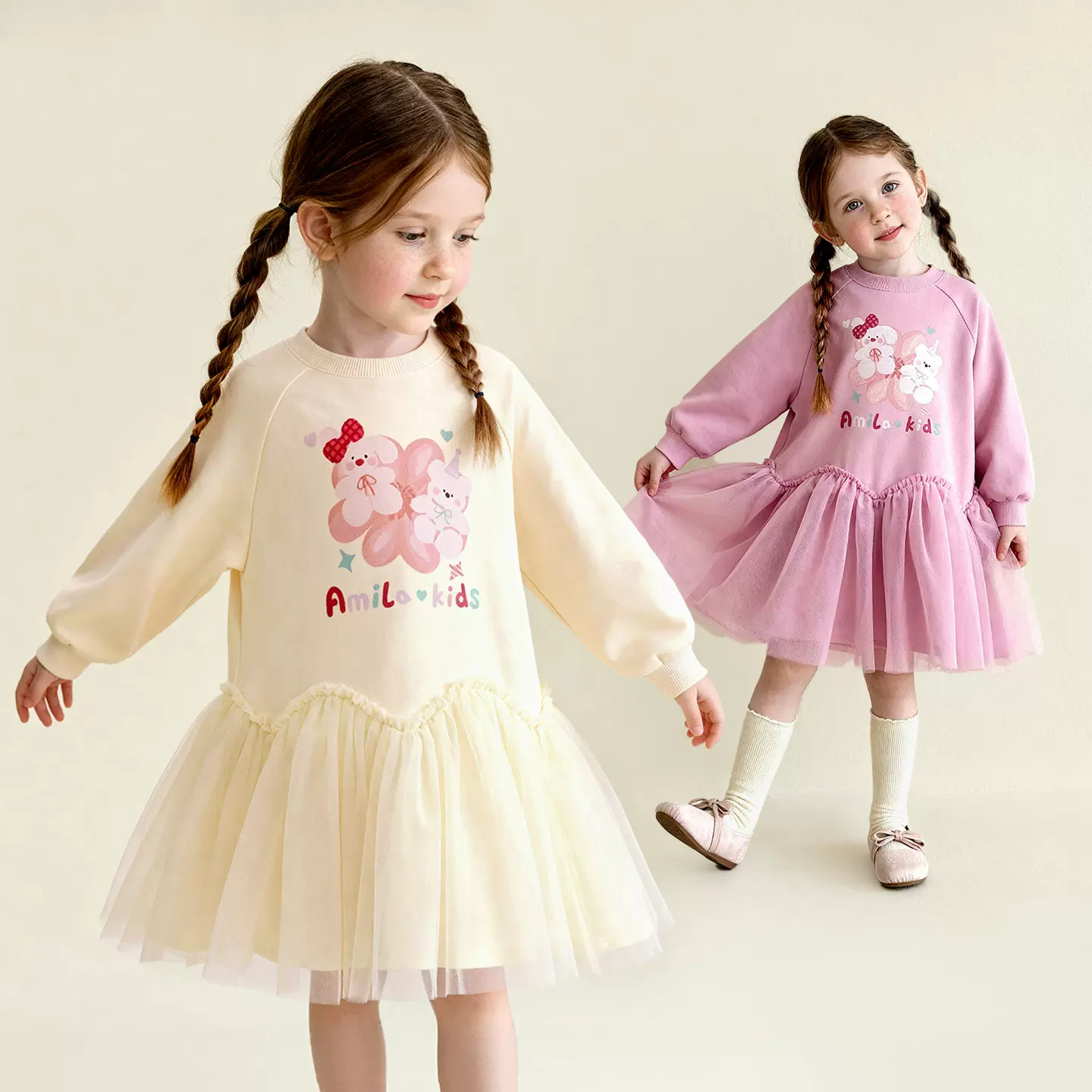 童贝童装2026年春季新款女童连衣裙可爱卡通印花网纱拼接公主裙