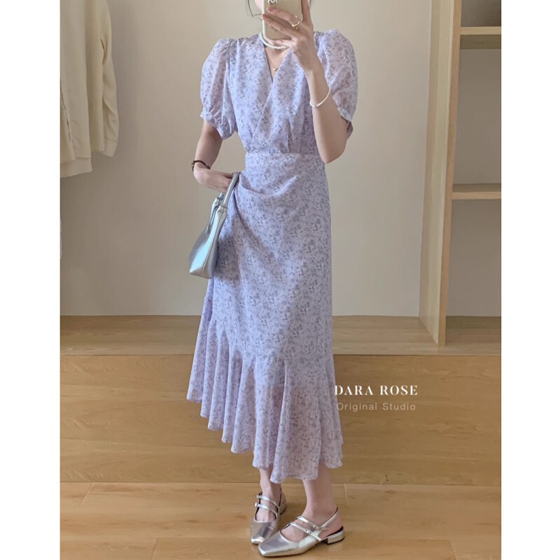 ライトパープルの夢のような美しい青と紫の花柄ドレス夏の新しい気質痩身ウエストドレス女性用|undefined