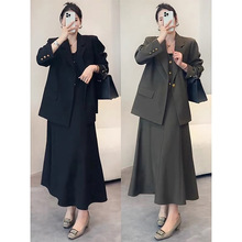 春秋大码女装假两件西装外套女胖mm百搭半身裙西服两件套25131