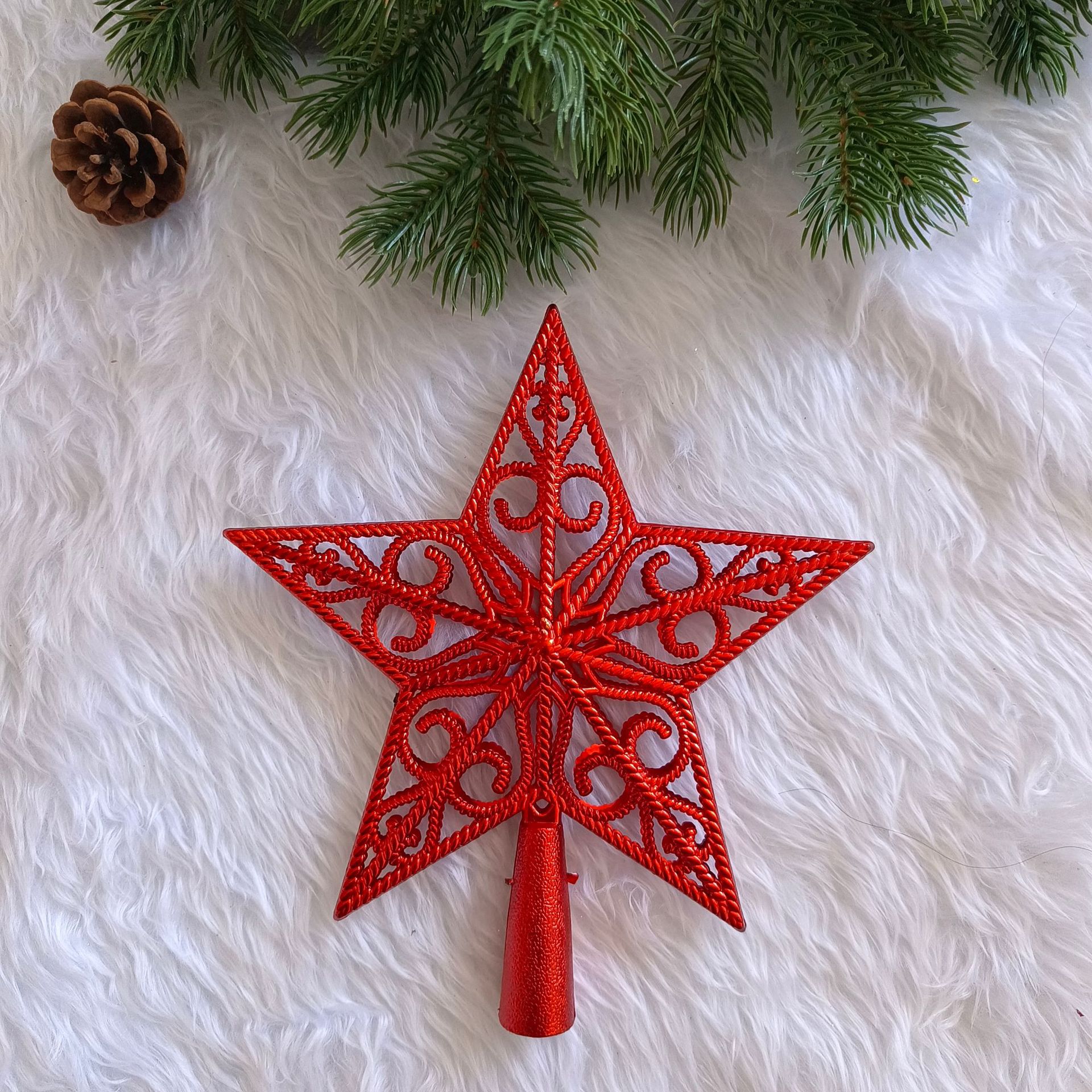 Estrella de cinco puntas brillante de plástico para la cima del árbol, adornos y colgantes navideños pequeños