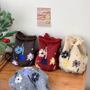 Knitted Backpack Bag Women's Vintage All-match Multifunctional Ear Protection Windproof Warm Drawstring Cold Hat Strap Wool Hat