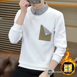 秋冬加绒加厚长袖男士假两件卫衣男时尚休闲百搭衬衫领毛衣打底衫