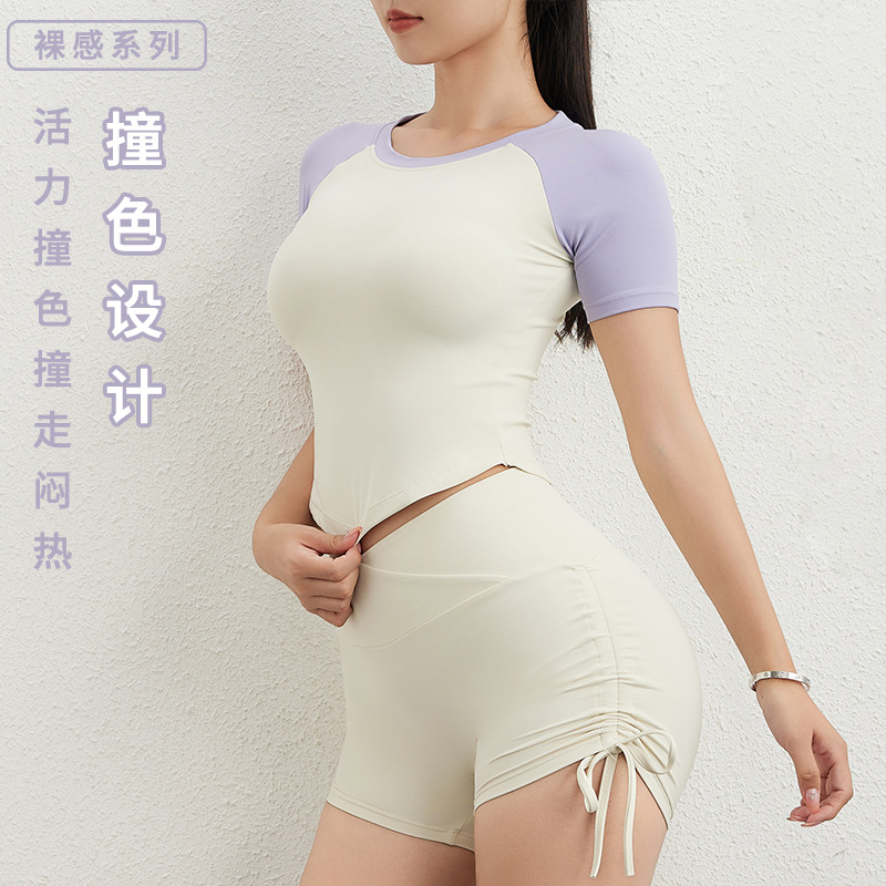 Yoga ropa de manga corta de las mujeres apretado color matching deportes superior manga corta correr adelgazamiento color sólido chaleco nueva ropa de entrenamiento