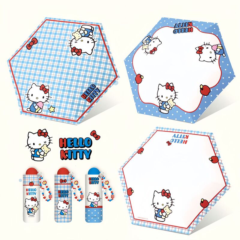Authentic Hello Kitty Folding Umbrella, Portable Sun and Rain Umbrella for Students, Cute Cartoon Mini Black-Coated Ultra-Light Umbrella