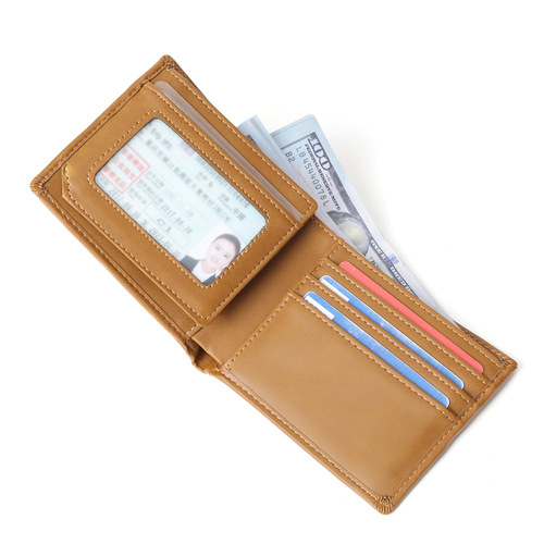 Left and right flip-up PU yellow brown fashionable casual men's wallet with multiple card slots short wallet laser engraving and lettering