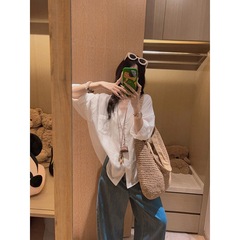 Yukiss 老钱风天丝亚麻白色蕾丝拼接衬衫女夏韩系宽松薄款防晒衫