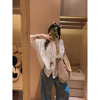 Yukiss 老钱风天丝亚麻白色蕾丝拼接衬衫女夏韩系宽松薄款防晒衫