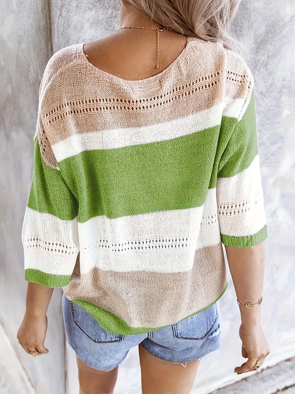 Women'S Casual V Neck Sweater Off Shoulder Striped Knit跨境|undefined