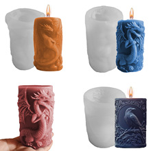 万圣节浮雕乌鸦圆柱蜡烛硅胶模具 跨境diy飞龙圆柱体石膏磨具批发