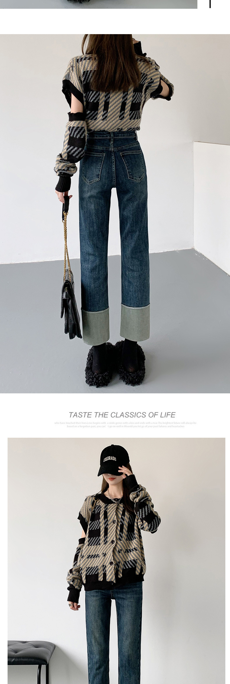 Spring new Korean-style retro color-blocking high-waisted straight-leg pants that make you look petite, 8-8 out of 10 skinny skinny jeans with a cigarette tube for women pic 14