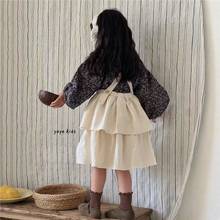 女童秋装新款泡泡袖碎花衬衣儿童韩系重工刺绣花边背带裙两件套潮