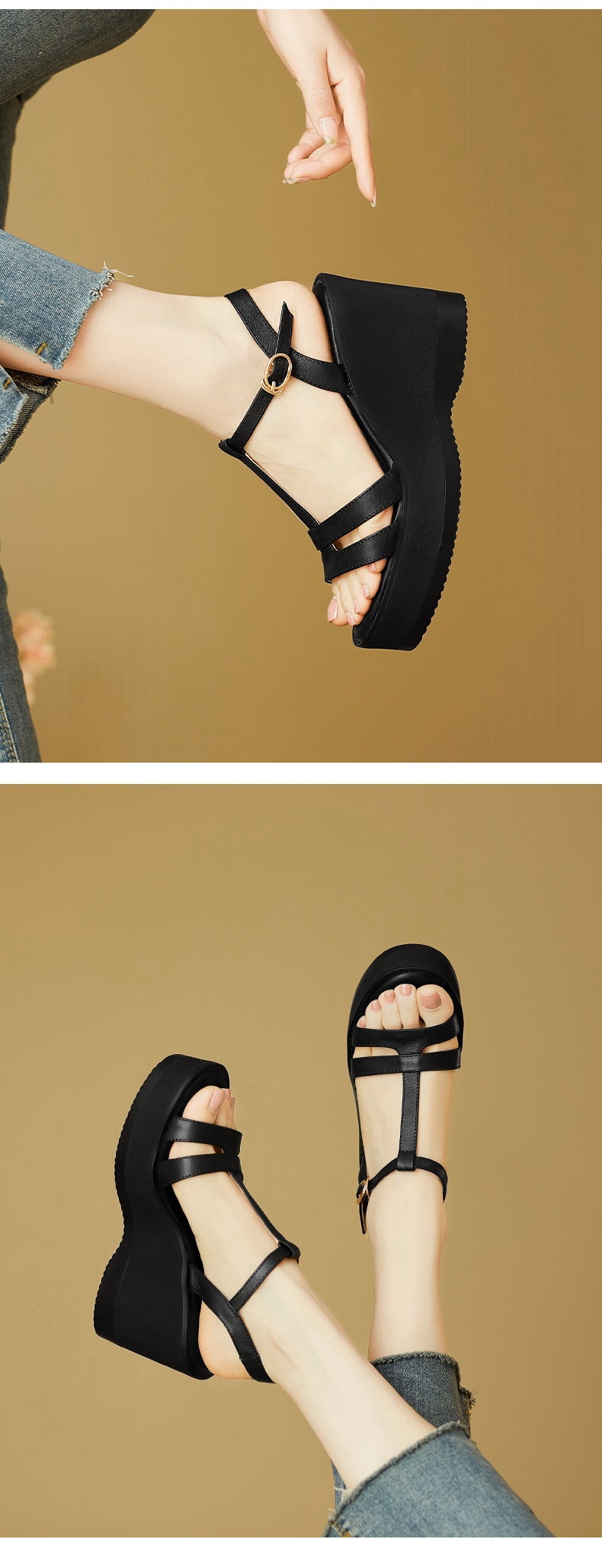 Sandal cao gót nữ mũi hở đế xuồng da bò, quai chữ T đơn giản, gót 9 cm — đen chi tiết 7