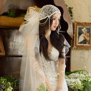 法式复古蕾丝花边蝴蝶结丝带流苏发网长头纱婚纱配饰拍照新娘头饰