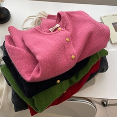 显白树莓粉小金扣针织开衫女秋冬韩系软糯加厚保暖圆领毛衣外套