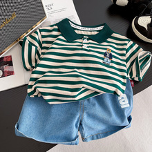 2025儿童新款卡通韩版条纹两件套童装男宝宝短袖女童夏季套装洋气