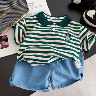 2025 Children's New Cartoon Korean Style Striped Two-Piece Children's Clothing Boy Baby Short Sleeve Girls Summer Suit Western Style